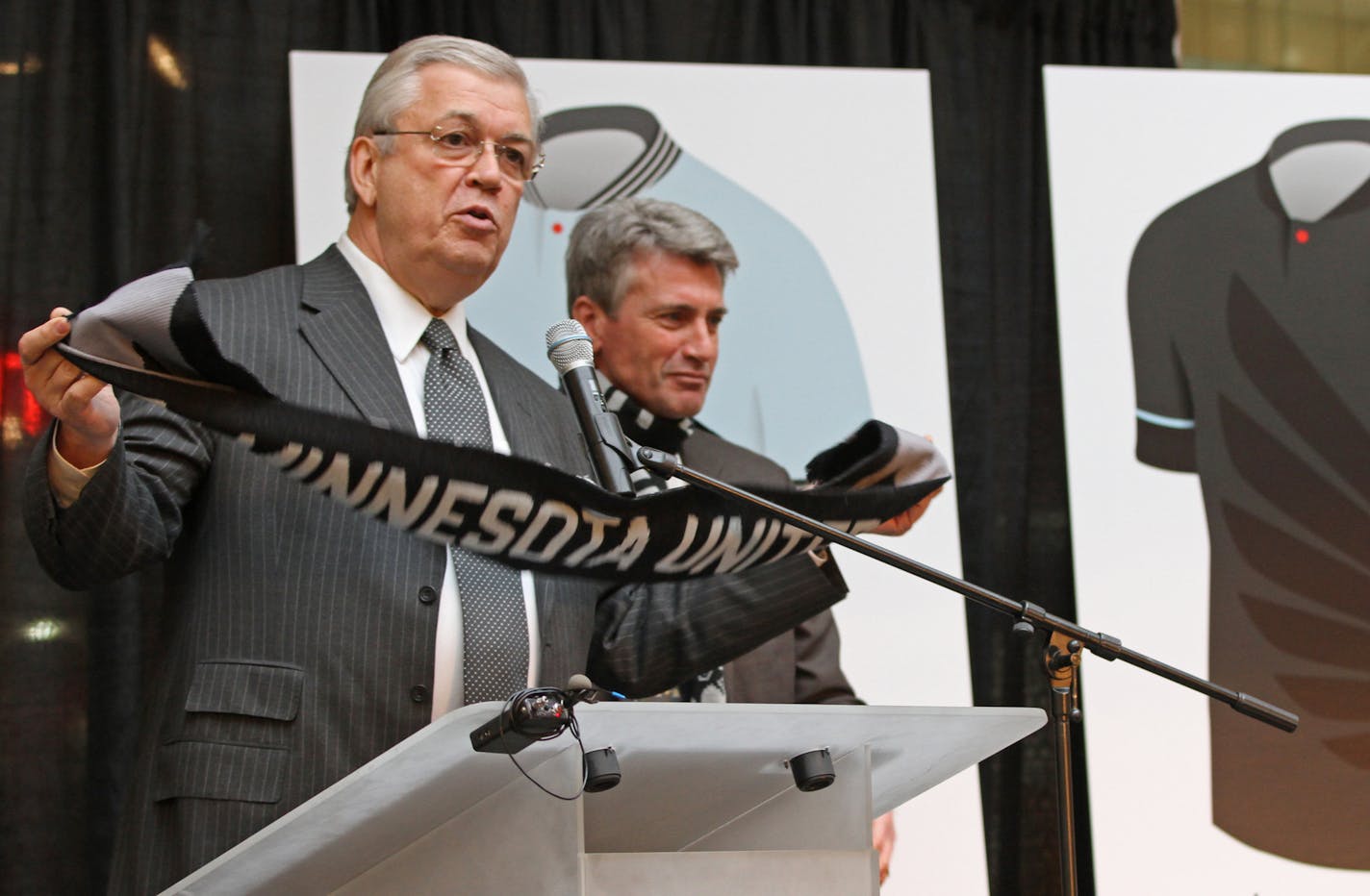 (left to right) Dr. Bill McGuire, Minnesota Stars team owner announced, with the help of Minneapolis Mayor R.T. Rybak and (not pictured) St. Paul Mayor Coleman) the team was being renamed Minnesota United FC.] Bruce Bisping/Star Tribune bbisping@startribune.com Dr. Bill McGuire, R.T. Rybak/source.