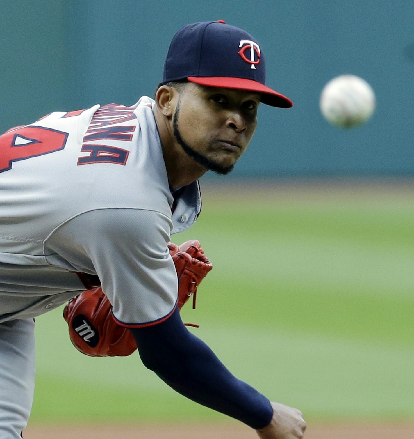 Minnesota Twins starting pitcher Ervin Santana delivers in the first inning of a baseball game against the Cleveland Indians, Friday, May 12, 2017, in Cleveland. (AP Photo/Tony Dejak)