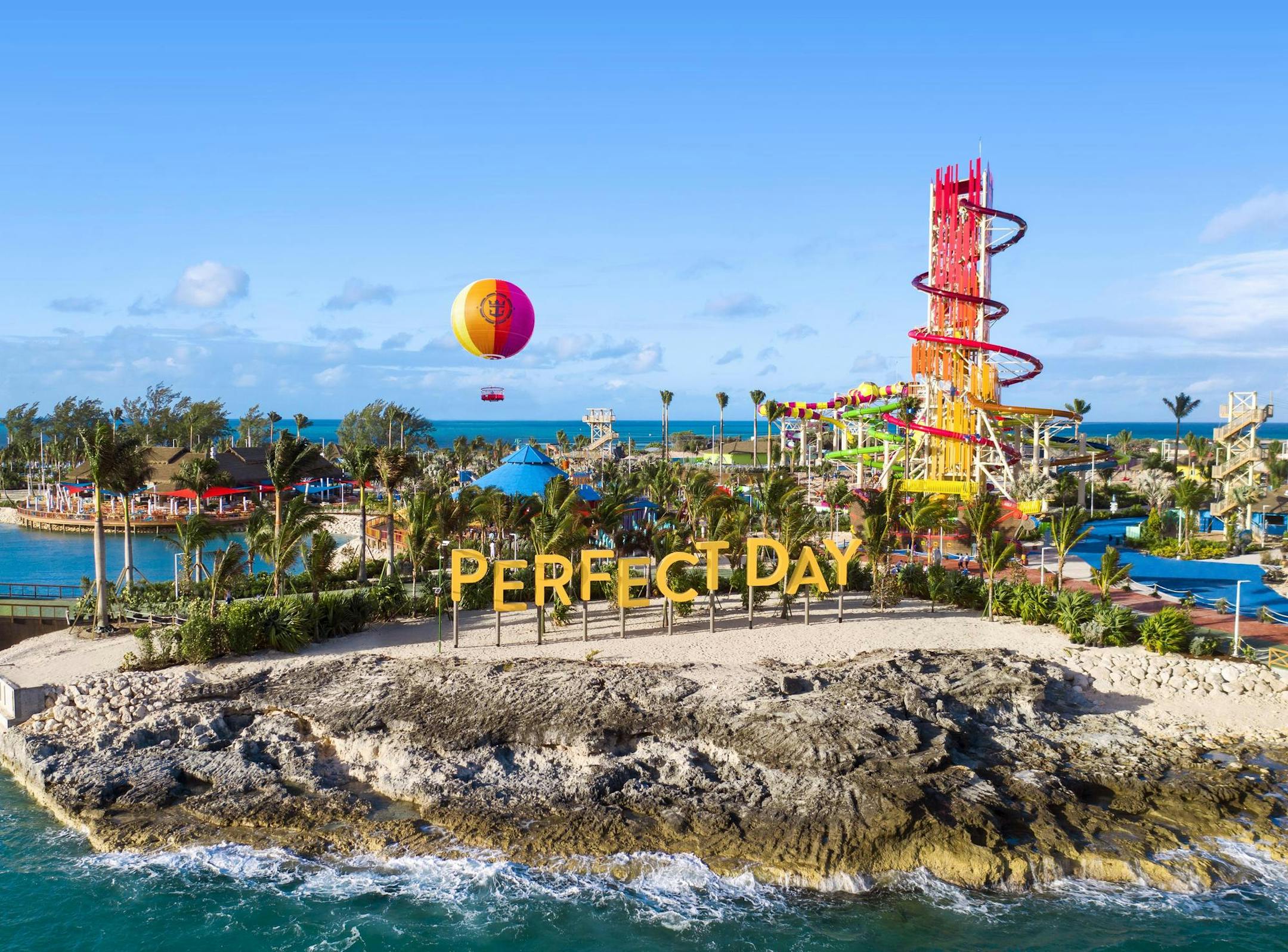 A colorful hot air balloon is the focal point of Royal Caribbean's Perfect Day at CocoCay, a private playground in paradise for cruisers.