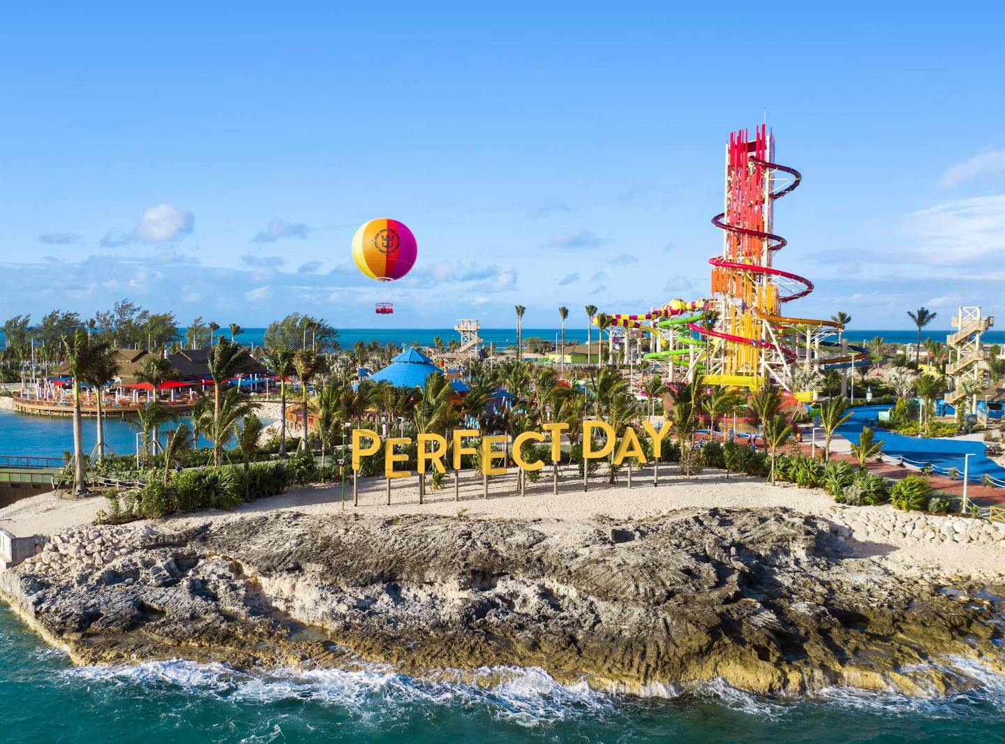 A colorful hot air balloon is the focal point of Royal Caribbean's Perfect Day at CocoCay, a private playground in paradise for cruisers.