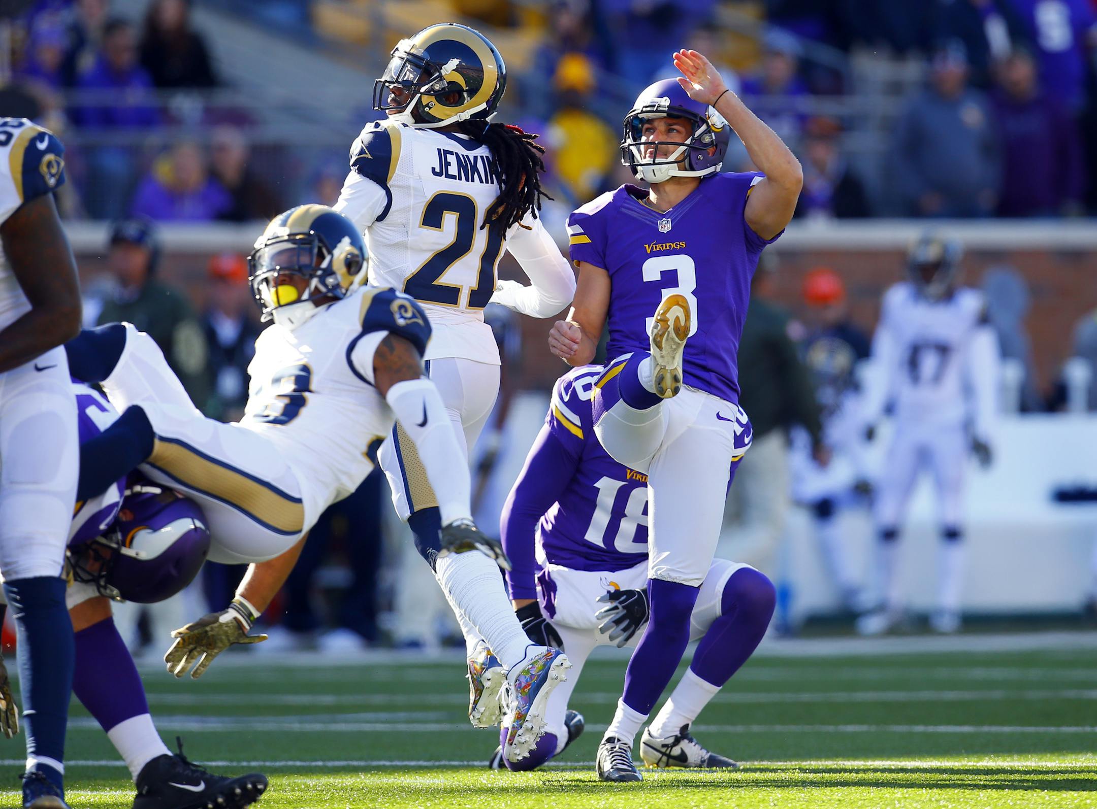 Minnesota Vikings kicker Blair Walsh (3) watches his kick attempt against the St. Louis Rams during an NFL football game Sunday, Nov. 8, 2015, in Minneapolis. The Vikings won in overtime, 21-18. (Jeff Haynes/AP Images for Panini)