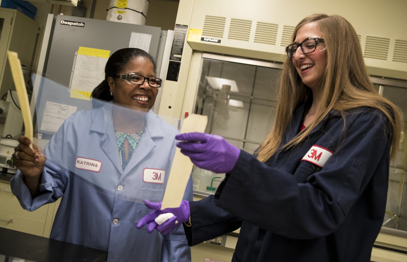 3M engineer Genevieve McSpaden, 24 and right, worked in a lab on 3M specialty film coatings with Katrina Hale, left, (who hired her) at 3M on Tuesday, August 9, 2016, in Maplewood, Minn. ] RENEE JONES SCHNEIDER &#x2022; renee.jones@startribune.com