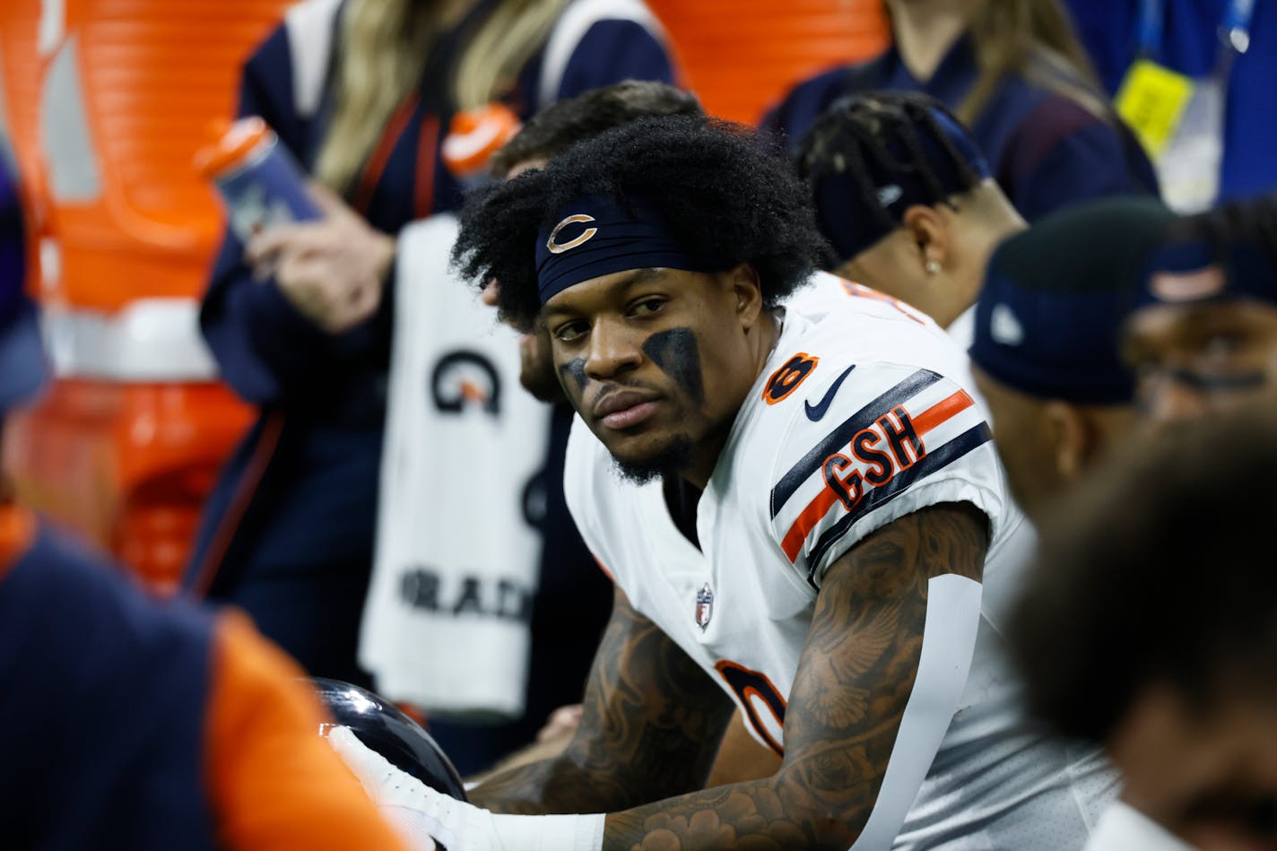 Chicago Bears wide receiver N'Keal Harry (8) sits on the bench during the second half of an NFL football game against the Detroit Lions, Sunday, Jan. 1, 2023, in Detroit. (AP Photo/D