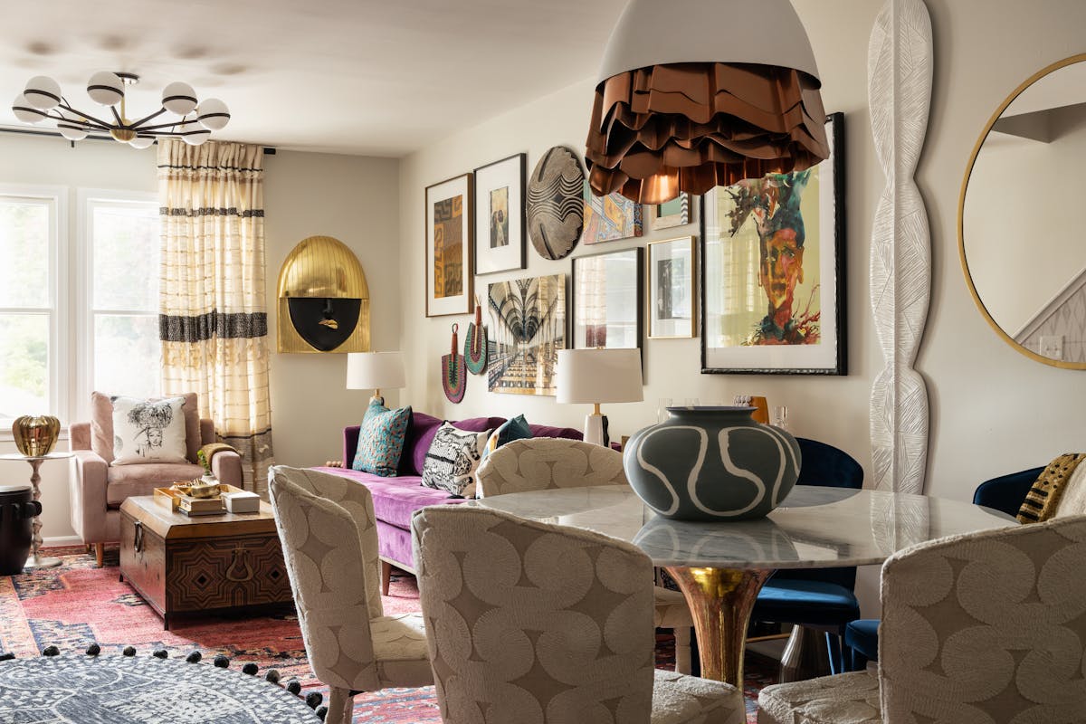 Interior designer Beth Diana Smith brought her maximalist style to life in her Irvington, N.J. living room with framed kuba cloth, a vintage African s