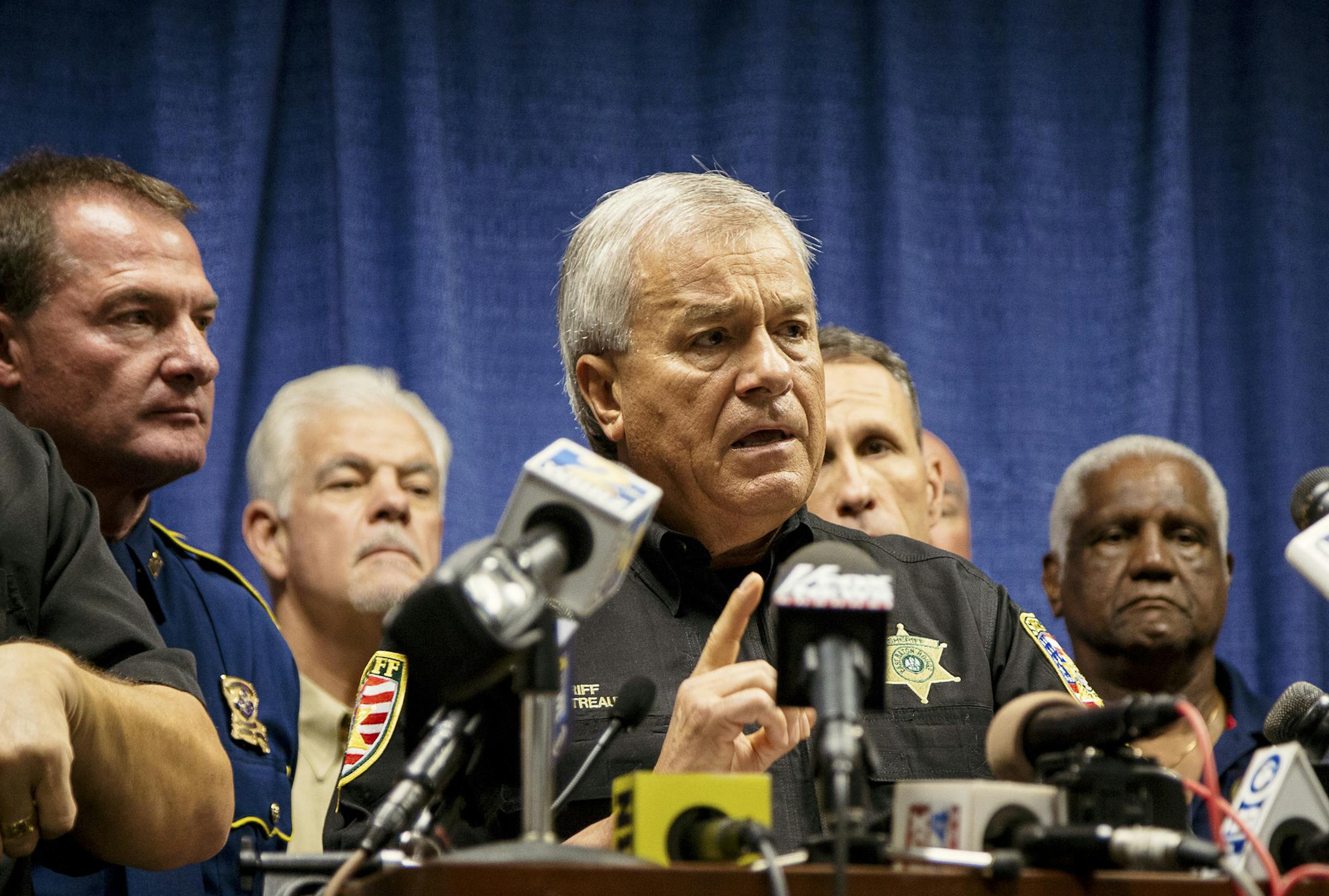 Sid Gautreaux, sheriff of East Baton Rouge Parish, speaks during a news conference about police officers who were shot earlier in the day in Baton Rouge, La., July 17, 2016. Three law enforcement officers were fatally shot and at least three others wounded Sunday, the East Baton Rouge Parish SheriffÌs Office said. A suspect had been killed, most likely by police gunfire, and two others, described as wearing all black, were being sought, a police spokesman said. (Bryan Tarnowski/The New York