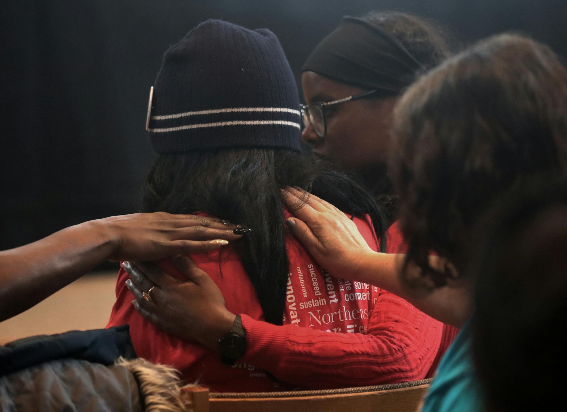 Here, Hope Coleman of Boston, MA, after talking about how her son Terrance was shot and killed by police in 2016, is comforted by other mothers who have lost children to police violence during the Take A Knee Nation conference at Foss Center at Augsburg University Saturday, Feb. 3, 2018, in Minneapolis, MN. "I'm suffering in pain," Coleman said. "I lost 80 pounds."