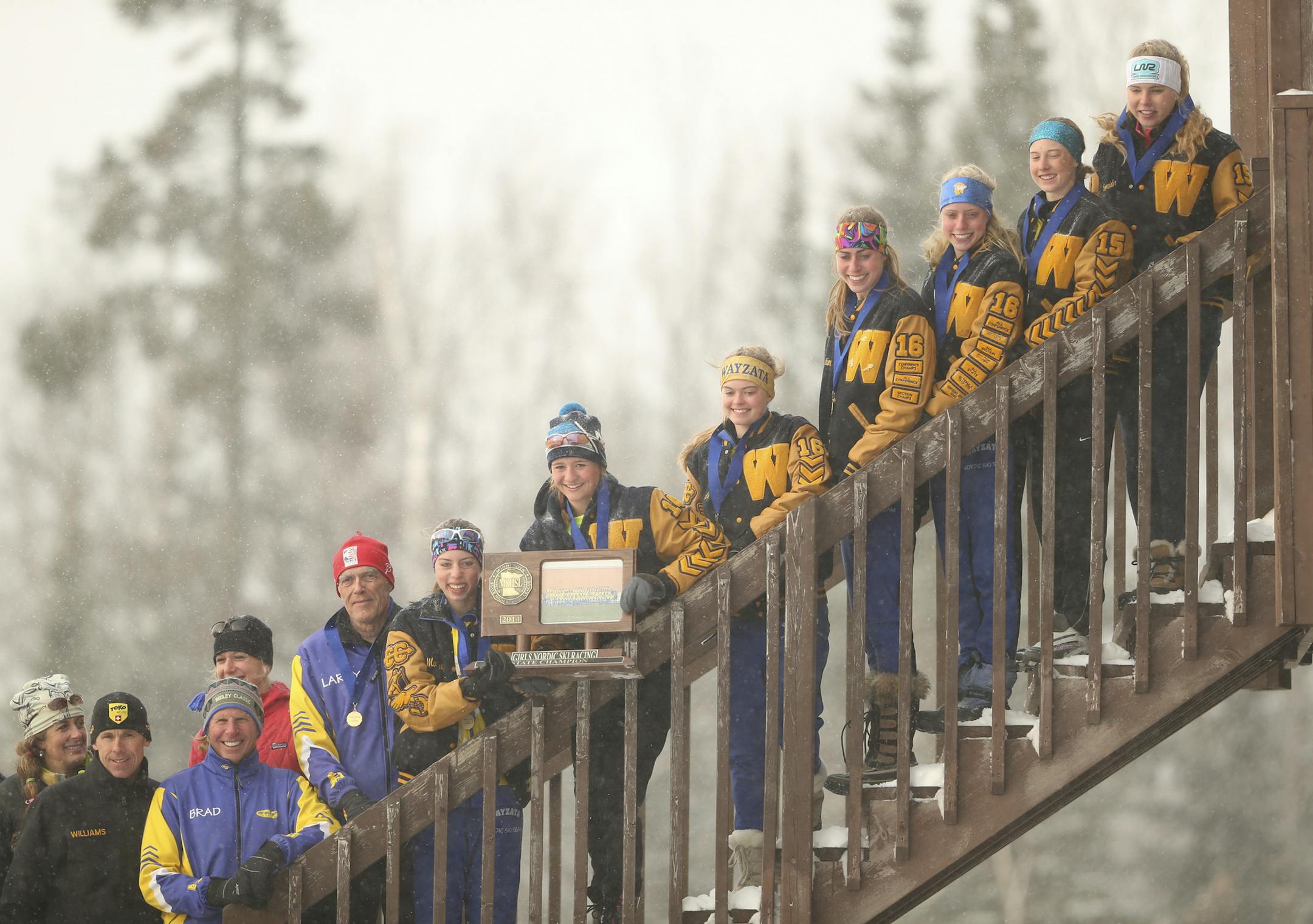 The boys' and girls' Nordic Ski State Meet was held Thursday, February 13, 2014 at Giants Ridge in Biwabik, Minn. The Wayzata girls' Nordic team held the team championship trophy Thursday afternoon after winning the award for the second year in a row. ] JEFF WHEELER &#x201a;&#xc4;&#xa2; jeff.wheeler@startribune.com