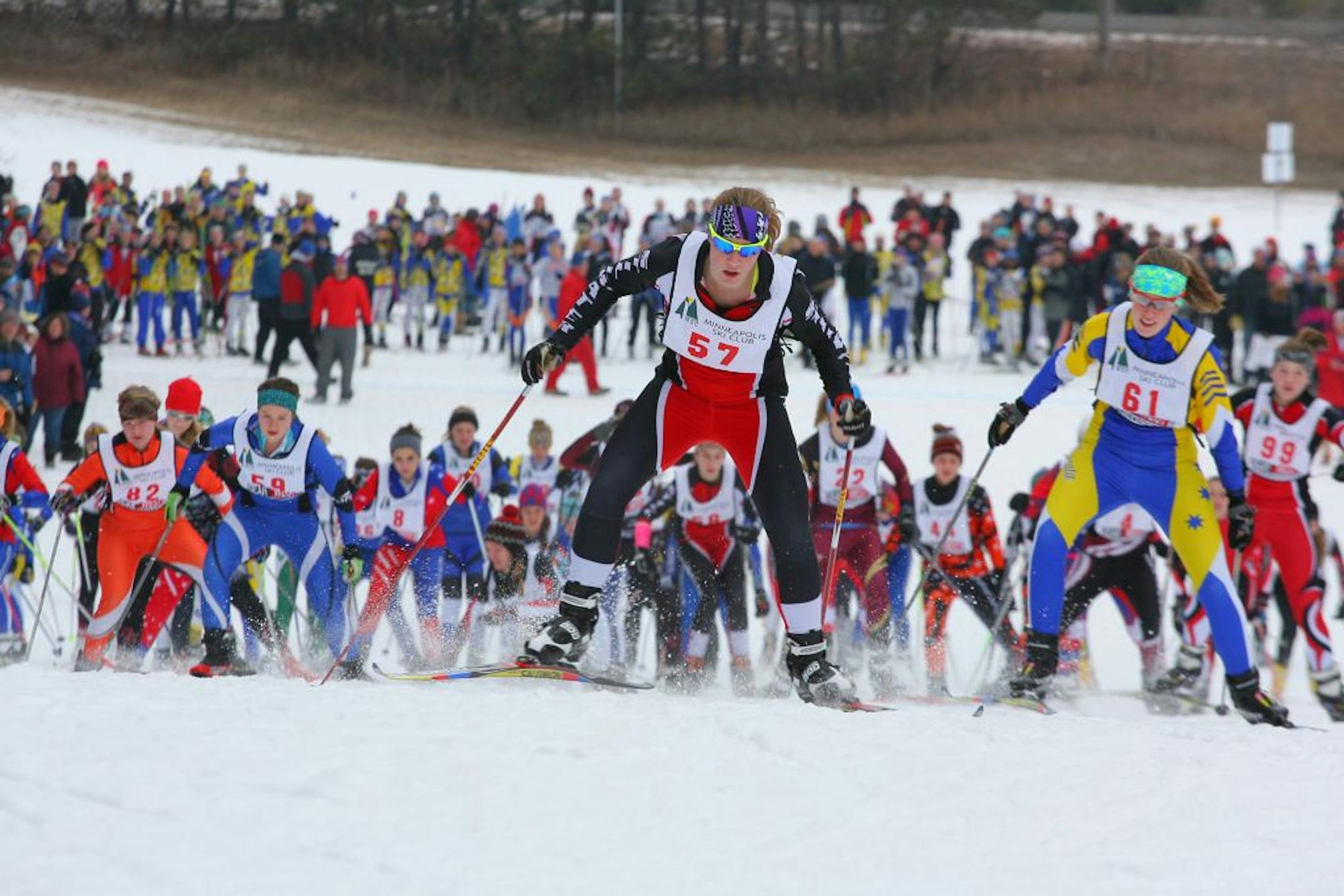 Stillwater senior Nora Gilbertson powered her way up the slope well ahead of the pack at Holiday Relays, a Nordic meet in December at Trollhaugen. Bruce Adelsman/skinnyski.com