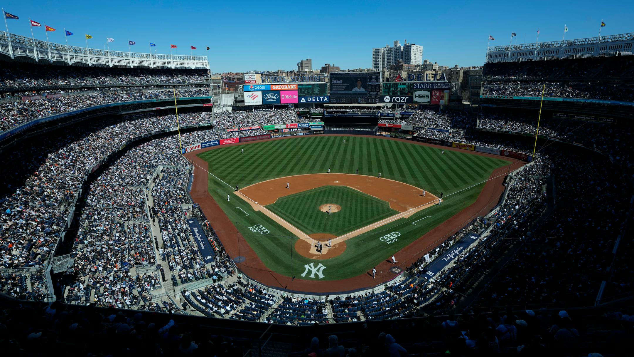 The New York Yankees and the San Francisco Giants during the third inning of the baseball game at Yankee Stadium Sunday, April 2, 2023, in New York. (AP Photo/Seth Wenig)
