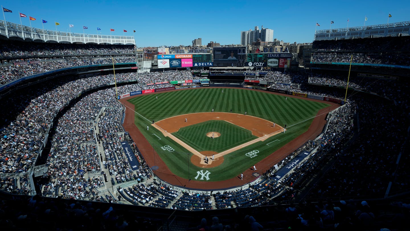 The New York Yankees and the San Francisco Giants during the third inning of the baseball game at Yankee Stadium Sunday, April 2, 2023, in New York. (AP Photo/Seth Wenig)