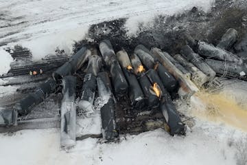 A BNSF train carrying ethanol and corn syrup derailed and caught fire in the town of Raymond early on Thursday, March 30, 2023.