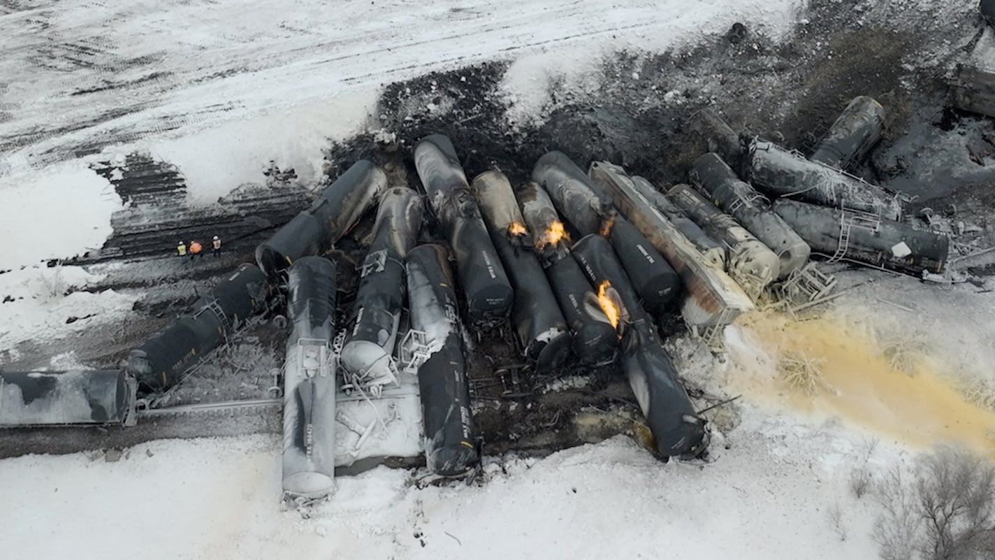 A BNSF train carrying ethanol and corn syrup derailed and caught fire in the town of Raymond early on Thursday, March 30, 2023.