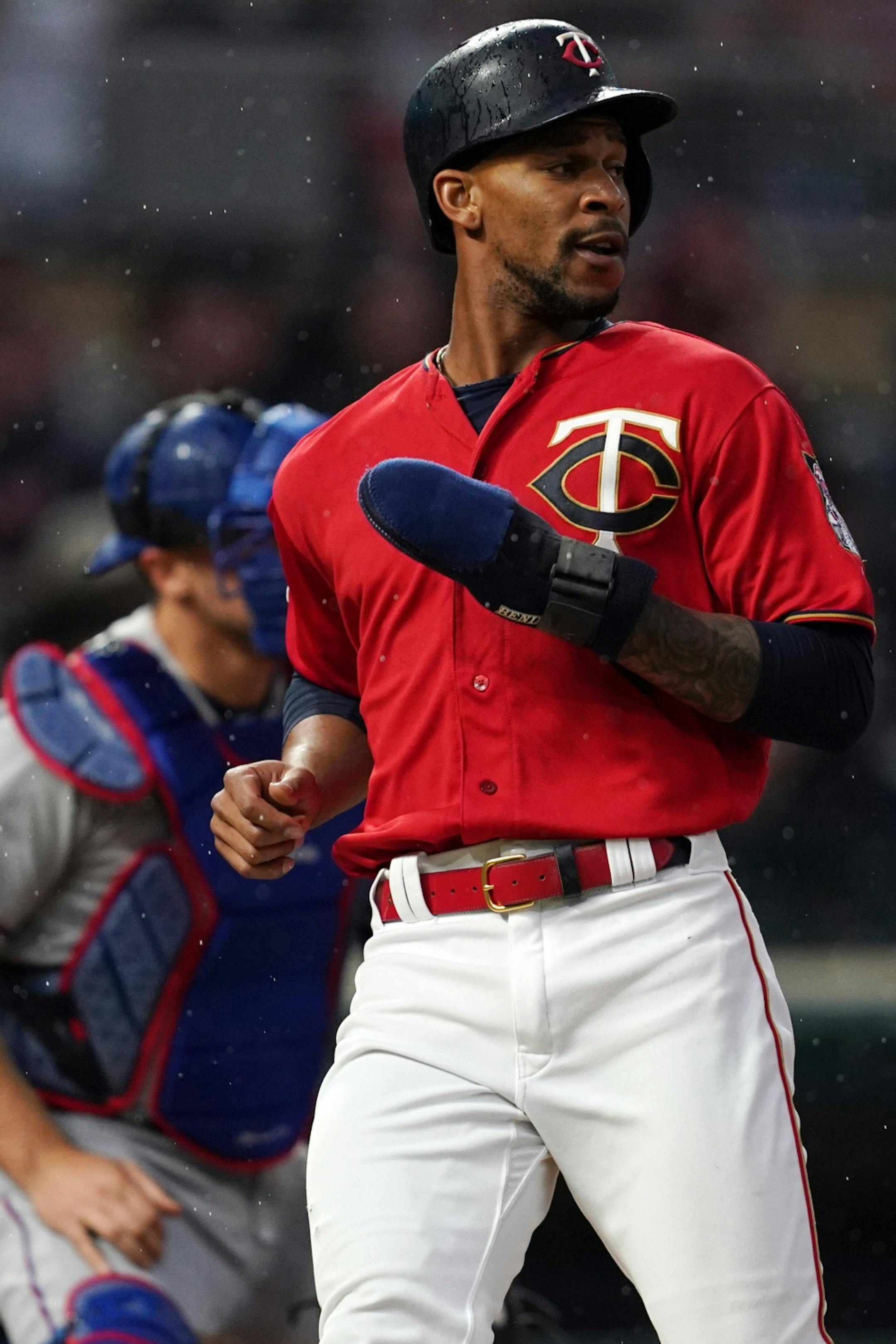 Minnesota Twins center fielder Byron Buxton (25) scored on a single hit by Minnesota Twins right fielder Max Kepler (26) in the second inning.