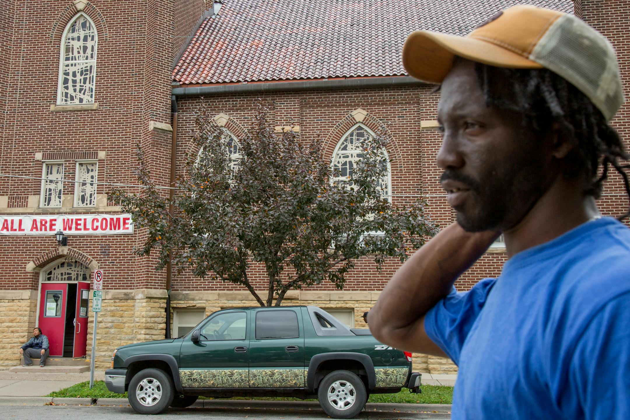 Samuel McIntosh stands outside of the Listening House in the First Lutheran Church basement on Thursday. ] COURTNEY PEDROZA • courtney.pedroza@startribune.com; The Listening House at First Lutheran Church; a day shelter for the homeless and needy; Aug. 3, 2017; St. Paul