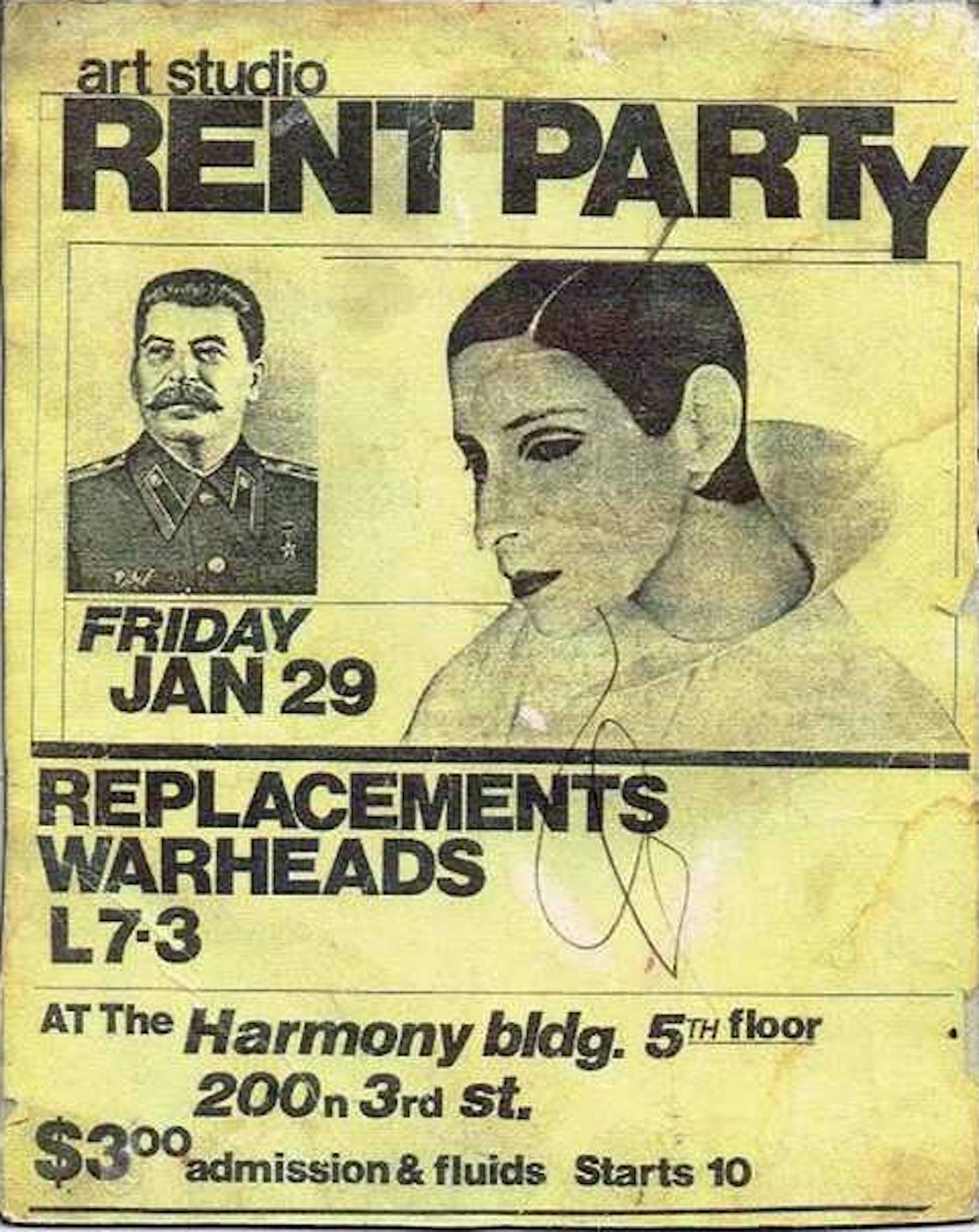 Poster for the 1980s rent party in Don Holzschuh's top floor studio in the Harmony building.