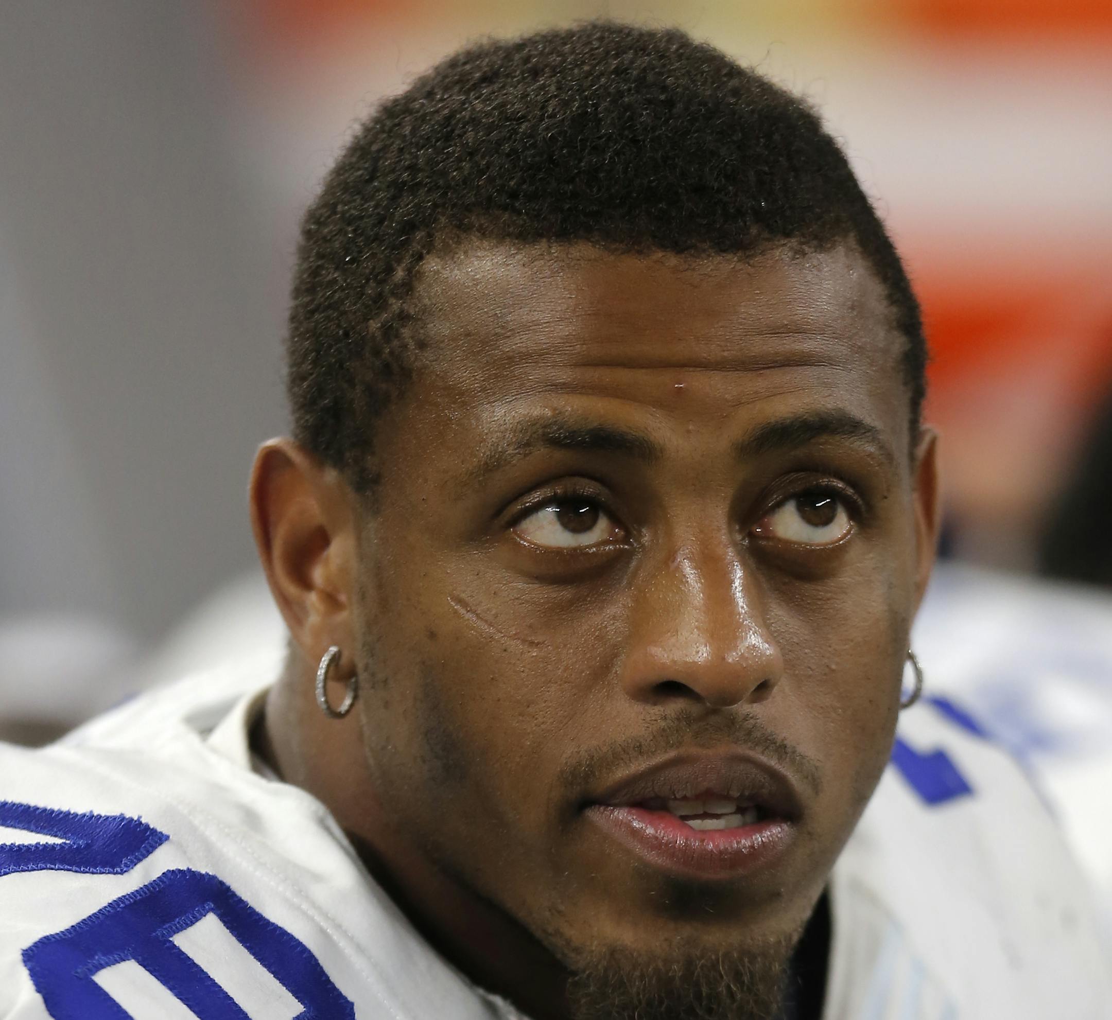 Dallas Cowboys' Greg Hardy on the bench during a preseason NFL football game against the Minnesota Vikings Saturday, Aug. 29, 2015, in Arlington, Texas. (AP Photo/Brandon Wade)