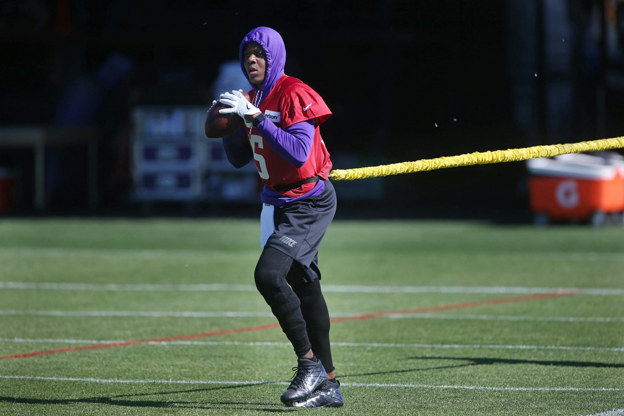 Minnesota Vikings quarterback Teddy Bridgewater worked on drills with trainer Tom Hunkele Wednesday May 31,2017 in Eden Prairie, MN.