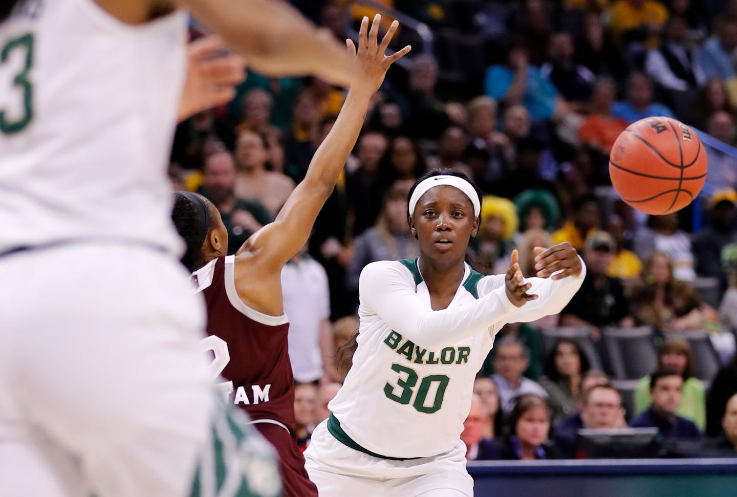 Baylor's Alexis Jones (30) passes the ball during the first half of a regional final of the NCAA women's college basketball tournament against Mississippi State, Sunday, March 26, 2017, in Oklahoma City. (AP Photo/Alonzo Adams)