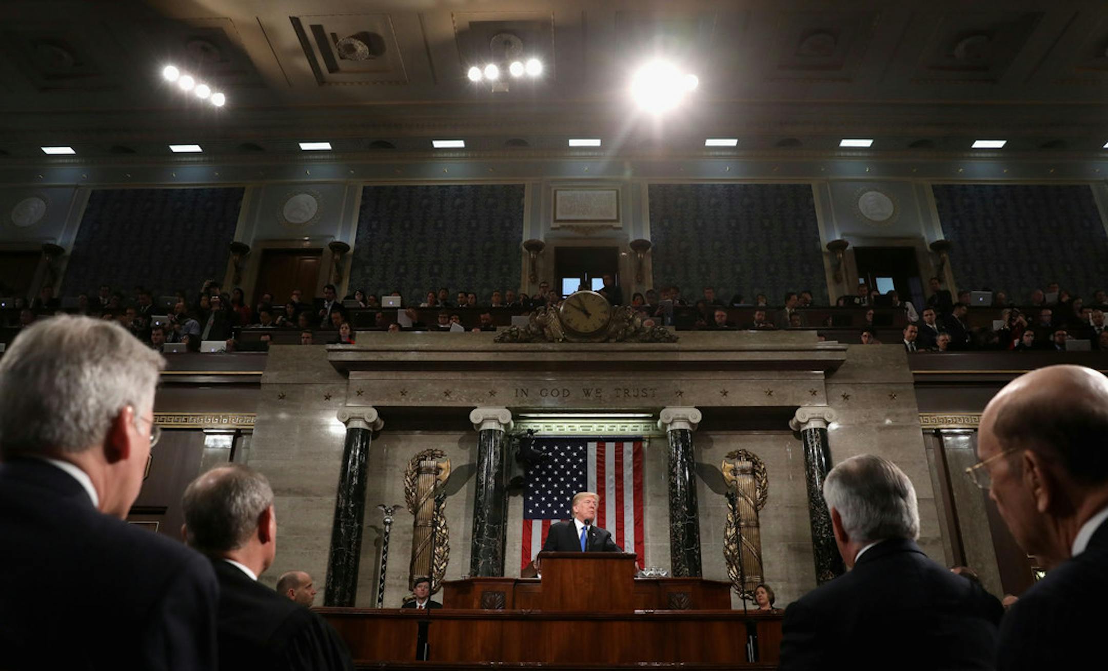 President Donald Trump delivers his first State of the Union address in the House chamber of the U.S. Capitol to a joint session of Congress Tuesday, Jan. 30, 2018 in Washington.