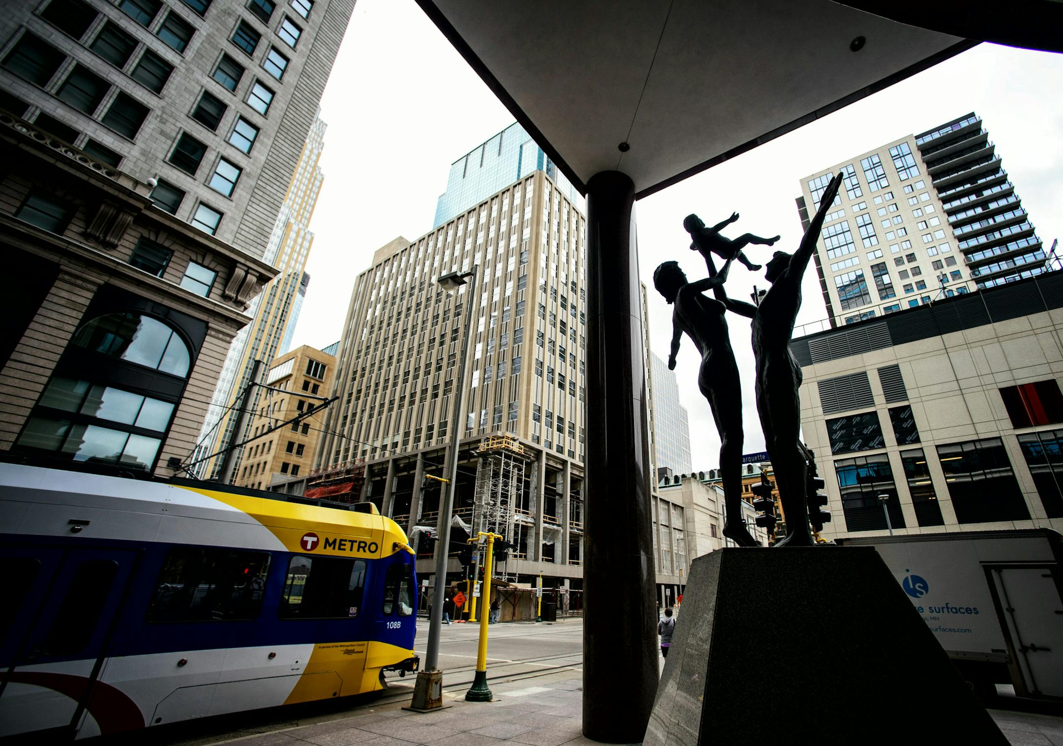 On the left are the new Soo Line Building City Apartments, center is the 510 Marquette Building and on the left the Nic on 5th. Construction in the northern stretch of Nicollet Mall where the new residents are moving in between Fourth and Fifth streets. Thursday June 12, 2014 ] GLEN STUBBE * gstubbe@startribune.com