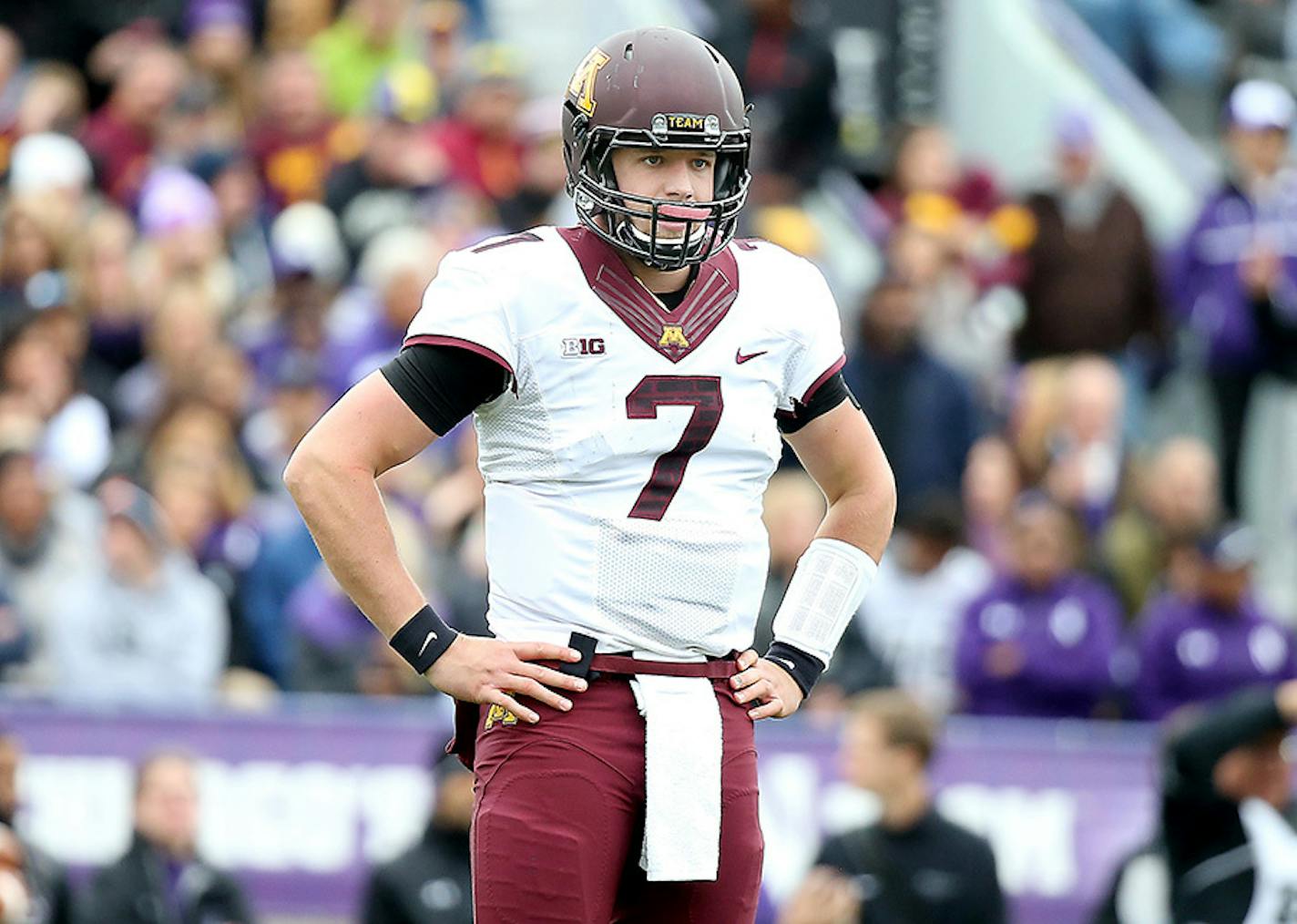 Minnesota's quarterback Mitch Leidner looked to the sideline for guidance in the third quarter as Minnesota took on the Northwestern Wildcats at Ryan Field, Saturday, October 3, 2015 in Evanston, IL.