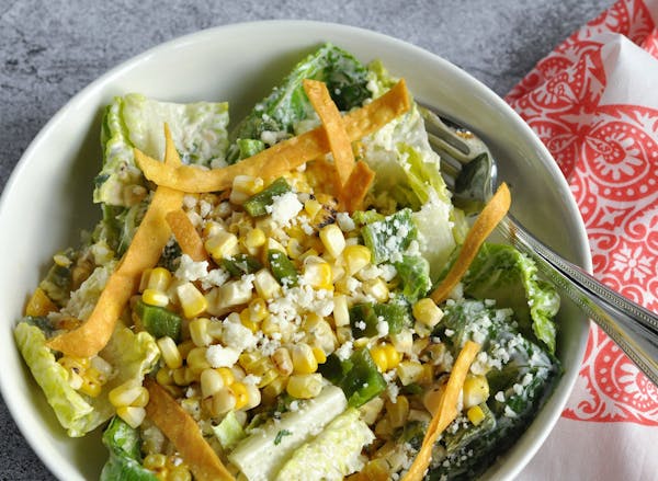 Elote "Caesar" Salad adds poblano peppers and sweet corn to the mix.
