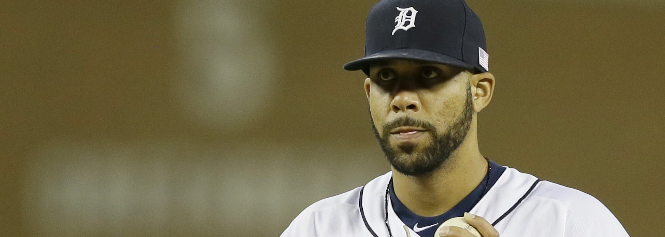 Detroit Tigers starting pitcher David Price is seen during the eighth inning of a baseball game against the Cleveland Indians in Detroit, Friday, Sept. 12, 2014. (AP Photo/Carlos Osorio)