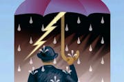 300 dpi John Alvin color illustration of person holding umbrella of storms overhead on an otherwise sunny day; for the concept of pessimism or negativ