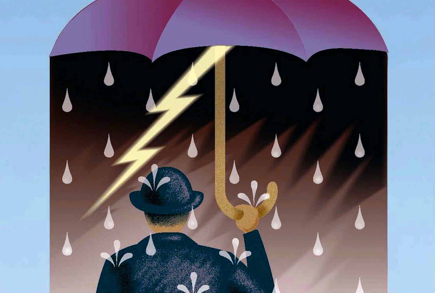 300 dpi John Alvin color illustration of person holding umbrella of storms overhead on an otherwise sunny day; for the concept of pessimism or negative thinking. The Fresno Bee 2008<p> pessimism illustration umbrella storm rain raining sunshine weather forecast pessismist negative thinking mental illness depression stress mind imagination fear fortune luck disaster insurance fraud bad financial advice 08000000, HUM, krtfeatures features, krthumaninterest human interest, 07017001, HEA, HTH, illne