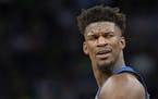 Minnesota Timberwolves' Jimmy Butler (23) reacts to a call in the third quarter in Game 4 of their series against the Rockets Monday, April 23, 2018 a