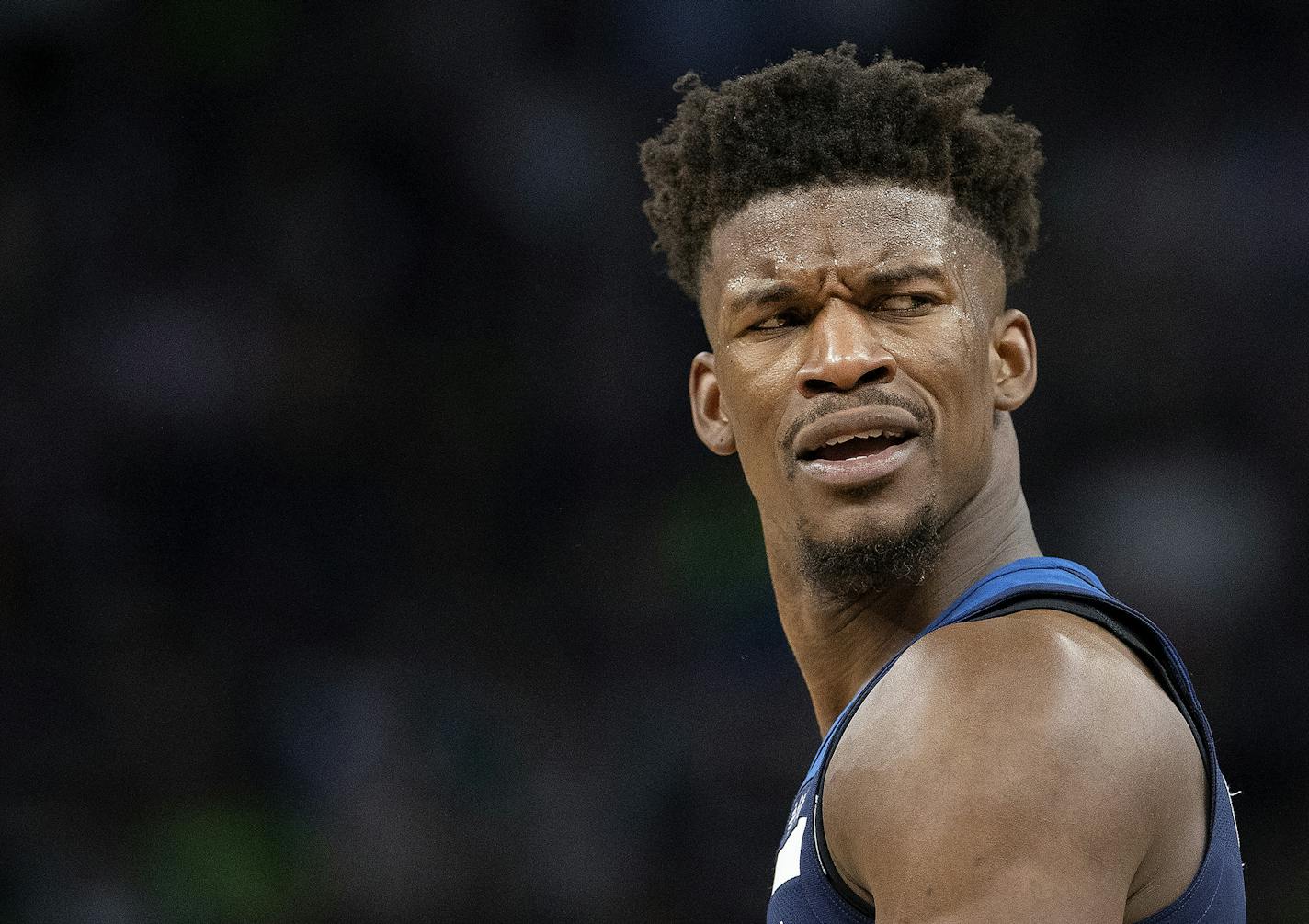 Minnesota Timberwolves' Jimmy Butler (23) reacts to a call in the third quarter in Game 4 of their series against the Rockets Monday, April 23, 2018 at the Target Center in Minneapolis, Minn. (Carlos Gonzalez/Minneapolis Star Tribune/TNS) ORG XMIT: 1229841