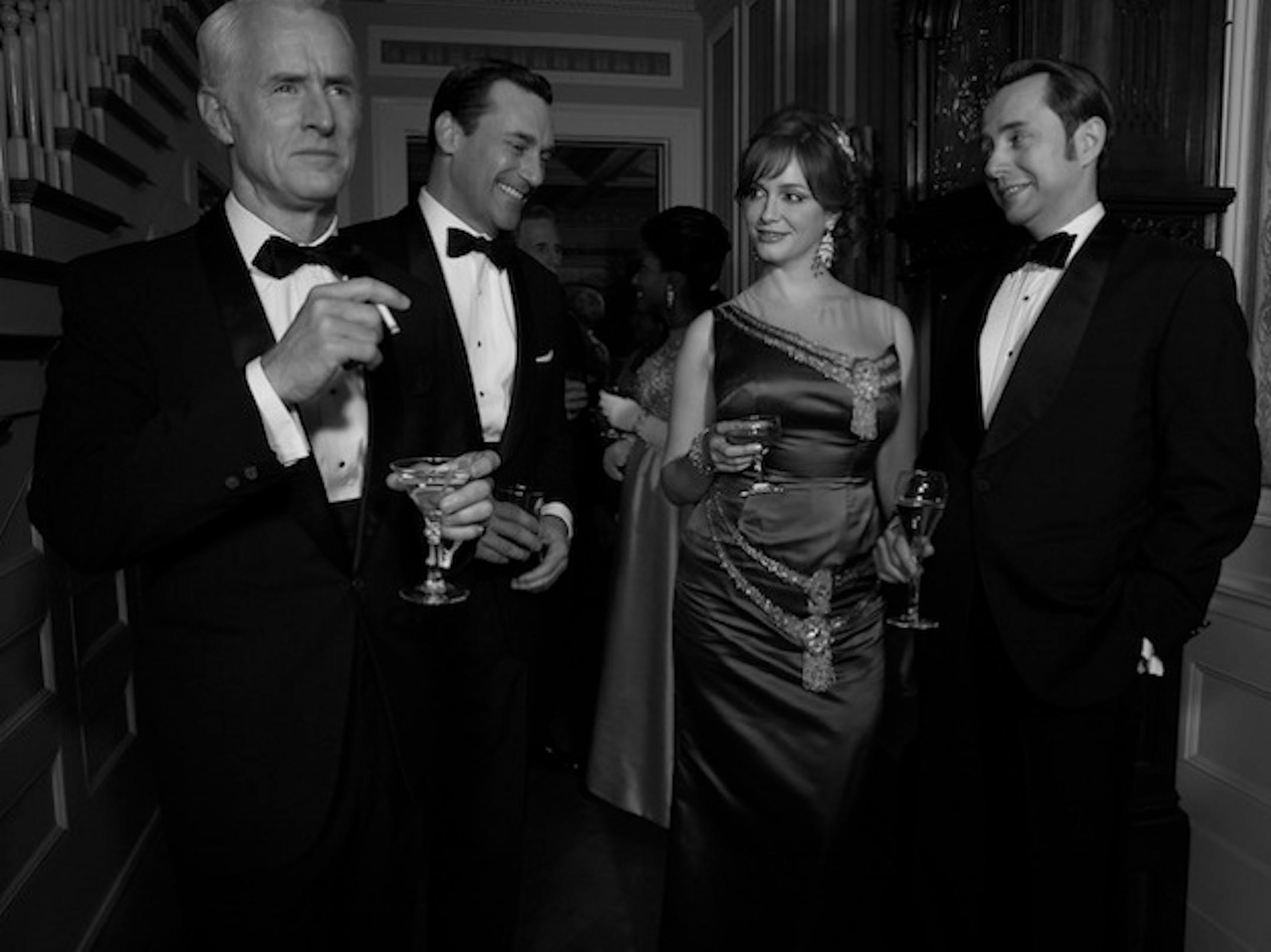 Roger Sterling (John Slattery), Don Draper (Jon Hamm), Joan Harris (Christina Hendricks) and Pete Campbell (Vincent Kartheiser) - Mad Men - Season 6 - Teaser Gallery - Photo Credit: Frank Ockenfels/AMC