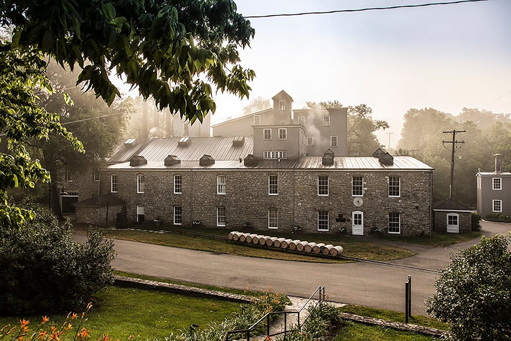 Stone warehouses at Woodford Reserve Distillery, the oldest bourbon distillery in Kentucky.