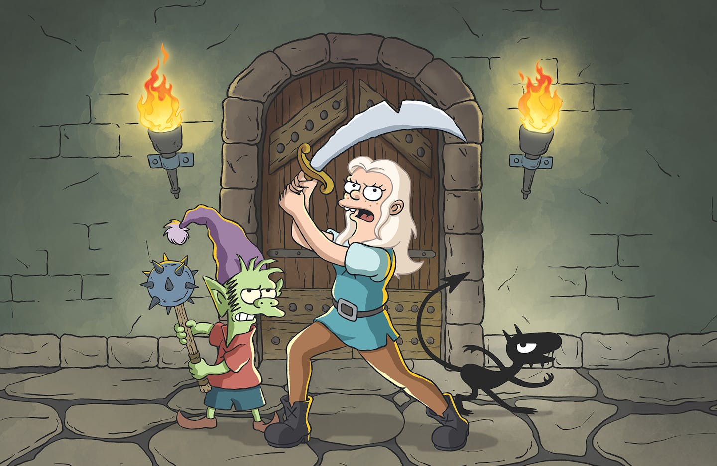 Nat Faxon (Elfo), Abbi Jacobson (Bean) and Eric Andre (Luci) in "Disenchantment."
credit: Netflix