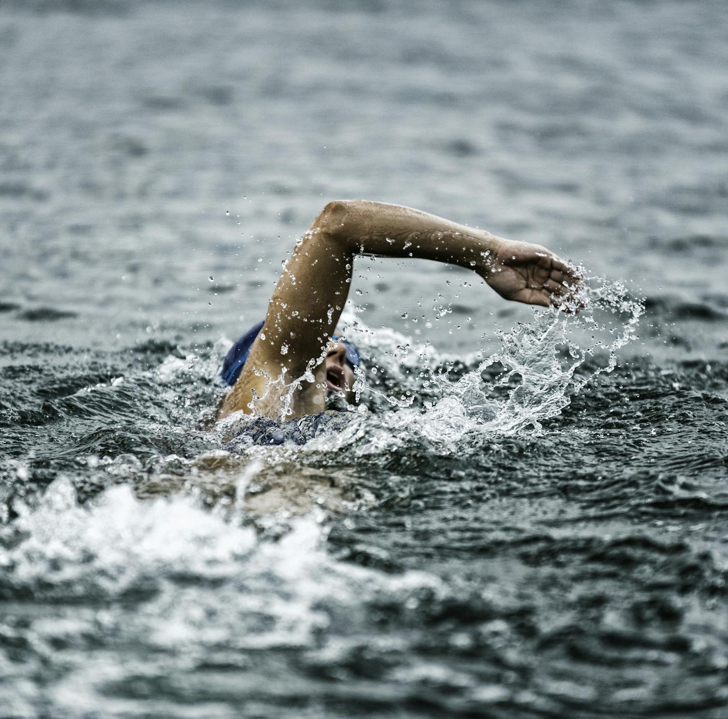 Female marathon swimmer in action. Photo taken from trailing boat. High speed action shot, focus on swimmer, shallow depth of field