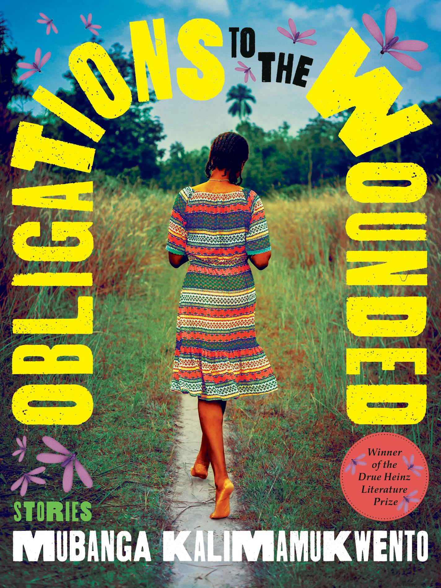 The cover of Obligations to the Wounded features a woman walking away from the viewer, in a field.