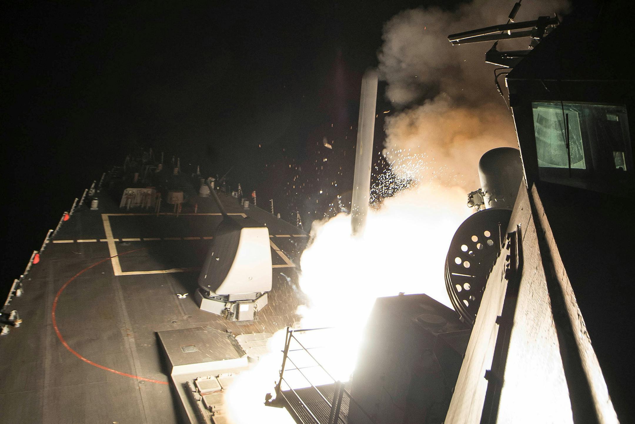 In an image provided by the US Navy, a Tomahawk cruise missile is launched from the USS Ross in a strike on a Syrian air base on April 7, 2017. President Donald Trump called the strike a response to the Syrian government’s chemical weapons attack this week that killed more than 80 civilians. (Robert S. Price/US Navy via The New York Times) -- FOR EDITORIAL USE ONLY -- ORG XMIT: MIN2017040713175784