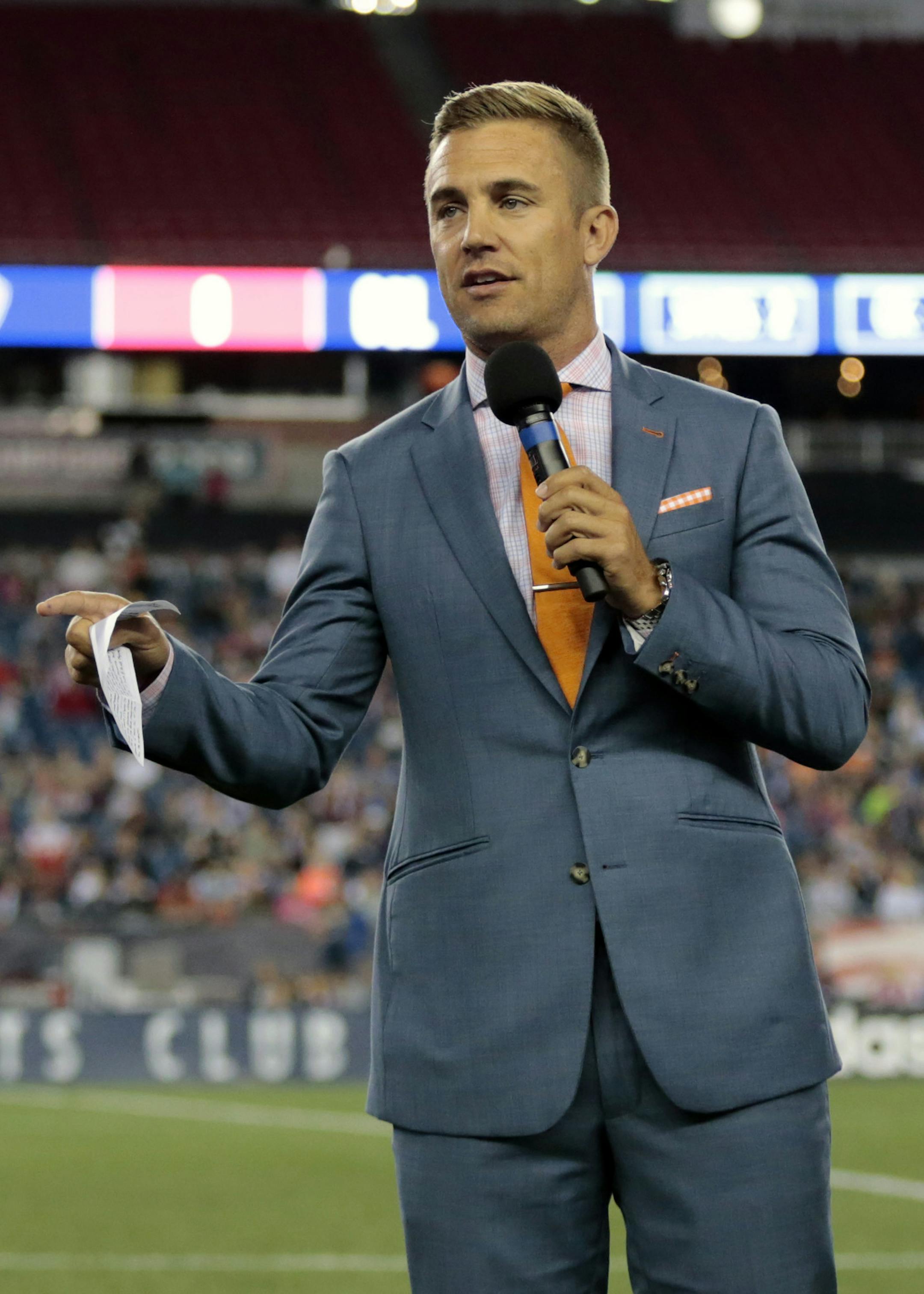 03 September 2016: Taylor Twellman, former Revolution standout, addresses the crowd on Think Taylor Night to raise awareness for concussions. Twellman's career was cut short after repeated concussions. The New England Revolution defeated the Colorado Rapids 2-0 in a regular season MLS match at Gillette Stadium in Foxborough, Massachusetts. (Photograph by Fred Kfoury III/Icon Sportswire) (Icon Sportswire via AP Images) ORG XMIT: 262609