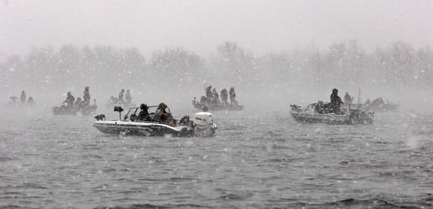 With luck opening day this year won't look like this on Upper Red Lake. This is how the 2008 opener looked on the huge lake — a day of low temperatures and heavy snow — but a hot walleye bite.