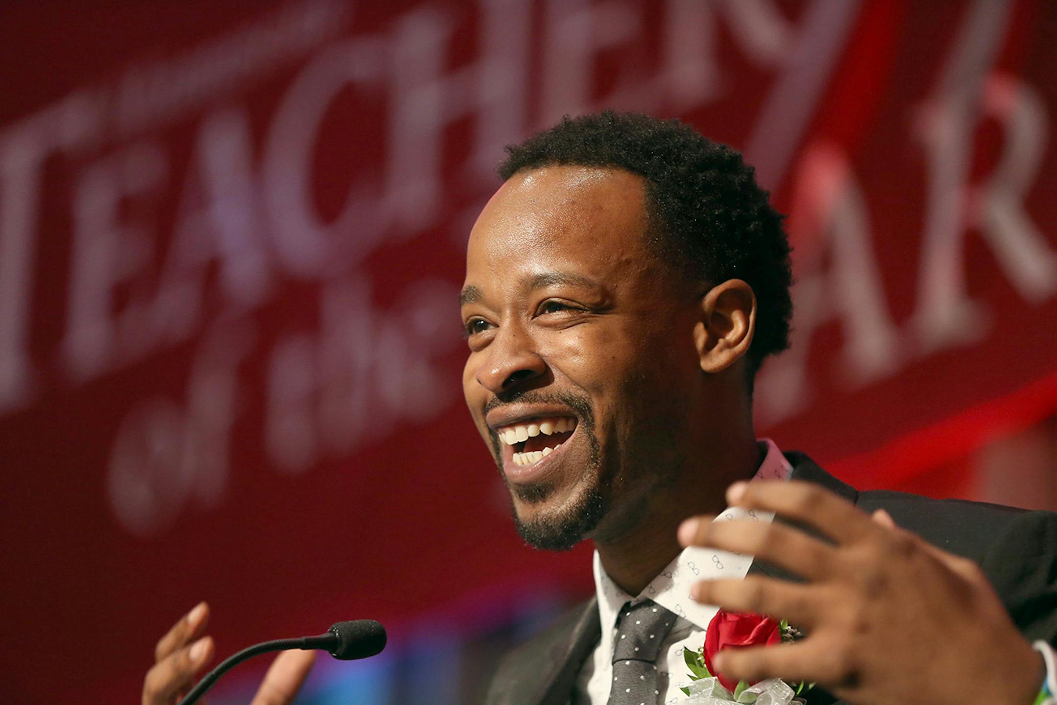 Abdul Wright, language arts teacher at Best Academy charter school, celebrated winning the 2016 Minnesota Teacher of the Year award at the Radisson Blu hotel on Sunday in Bloomington.