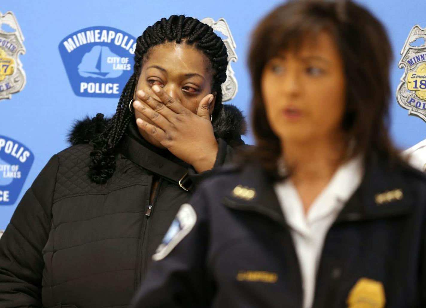 Marsha Mayes wiped tears from her eyes as Minneapolis Police Chief Janeé Harteau talked about the day Mayes' son Terrell Mayes was shot and killed 4 years ago.