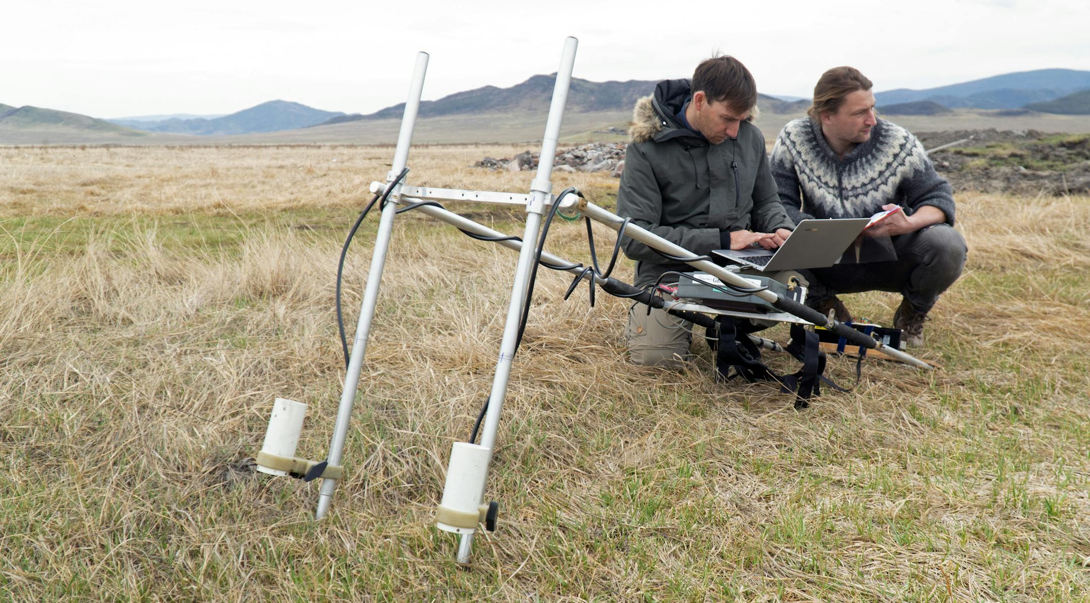 Archaeologist Gino Caspari, right, conducted a geophysical survey of a royal Scythian tomb in Siberia in 2018.