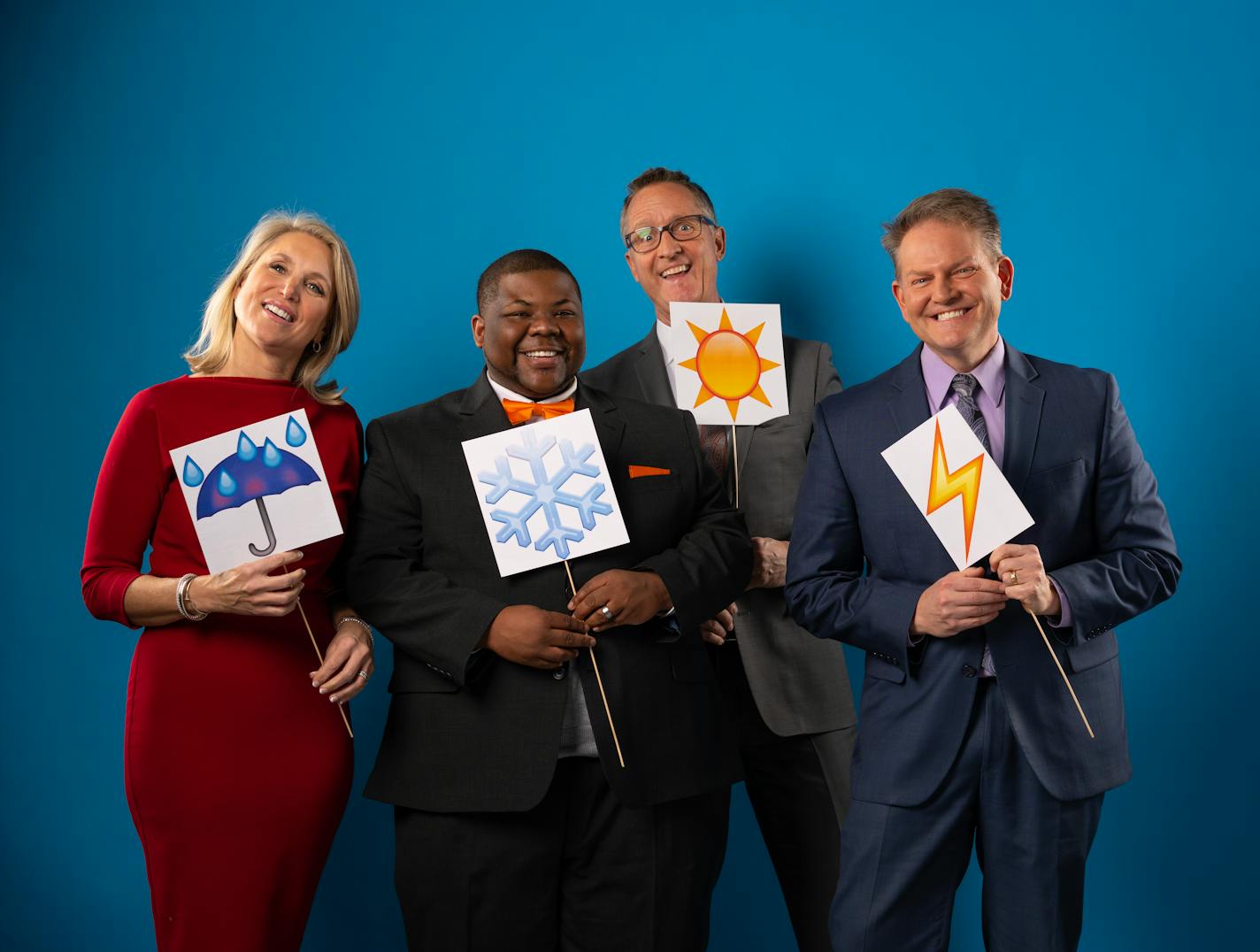 Meteorologists Belinda Jensen, KARE 11, Chris Reece, KSTP 5, Ian Leonard, FOX 9, and Chris Shaffer, WCCO 4, from left, gathered for a portrait in the Star Tribune studio Tuesday afternoon, January 31, 2023 in Minneapolis. ] JEFF WHEELER • jeff.wheeler@startribune.com