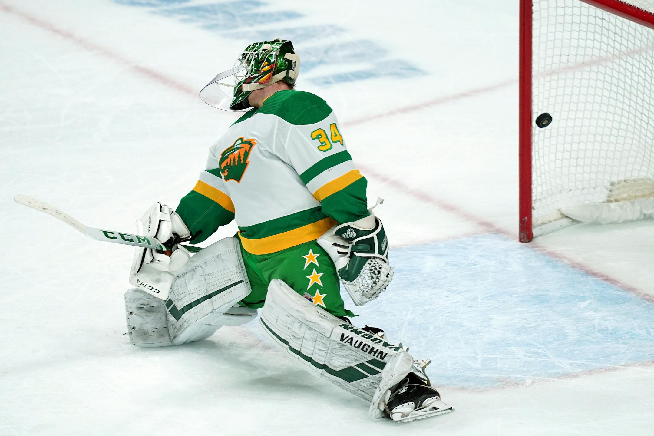 Minnesota Wild goaltender Kaapo Kahkonen (34) was unable to stop a shot by Los Angeles Kings right wing Alex Iafallo (19) to tie the game late in the third period. ] ANTHONY SOUFFLE • anthony.souffle@startribune.com