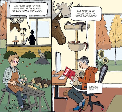 panels from graphic novel "Spent" feature two women at work