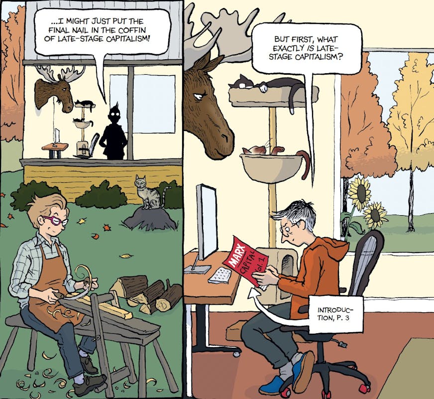 panels from graphic novel "Spent" feature two women at work