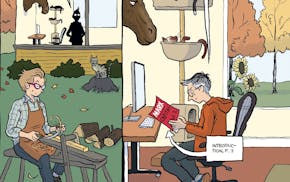 panels from graphic novel "Spent" feature two women at work