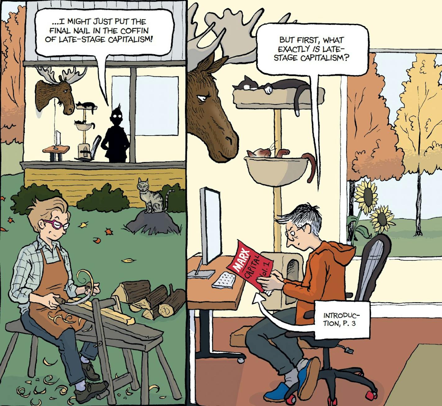 panels from graphic novel "Spent" feature two women at work
