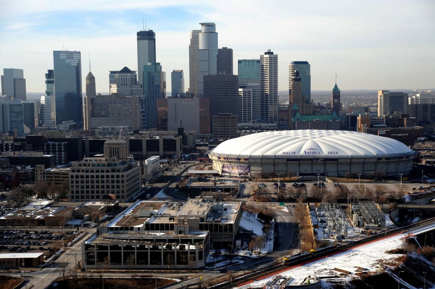 This photo taken Jan. 30, 2012 shows the two buildings owned by Basant Kharbanda that would be affected if Vikings chose to build next to the Metrodome. They are the 511 building which is in the bottom center of the photo and the Metrodome Square which is the next building above and to the left.