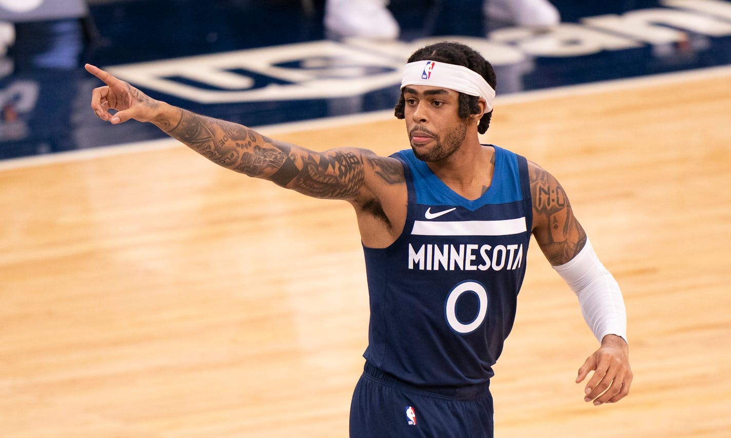 Minnesota Timberwolves guard D'Angelo Russell (0) pointed to a teammate after hitting a three point shot in the first quarter against Orlando. ] JEFF WHEELER • jeff.wheeler@startribune.com